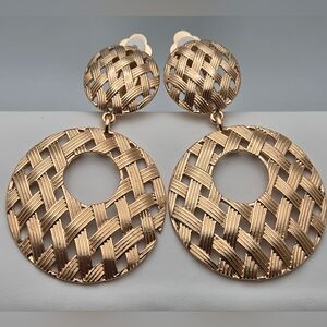 Bamboo Weave Disc Dangle Earrings Vintage Textured Gold Tone Large